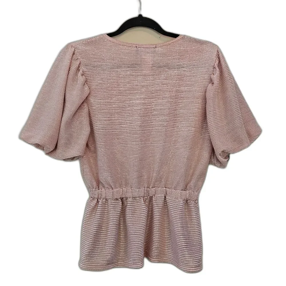 Hudson Gray Faux Wrap Top Women Sz M Glitter Shimmer Pink Balloon Sleeves